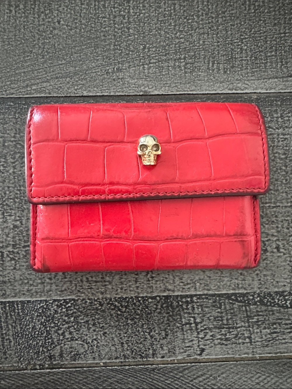 Alexander McQueen Red Croc-Embossed Skull Wallet